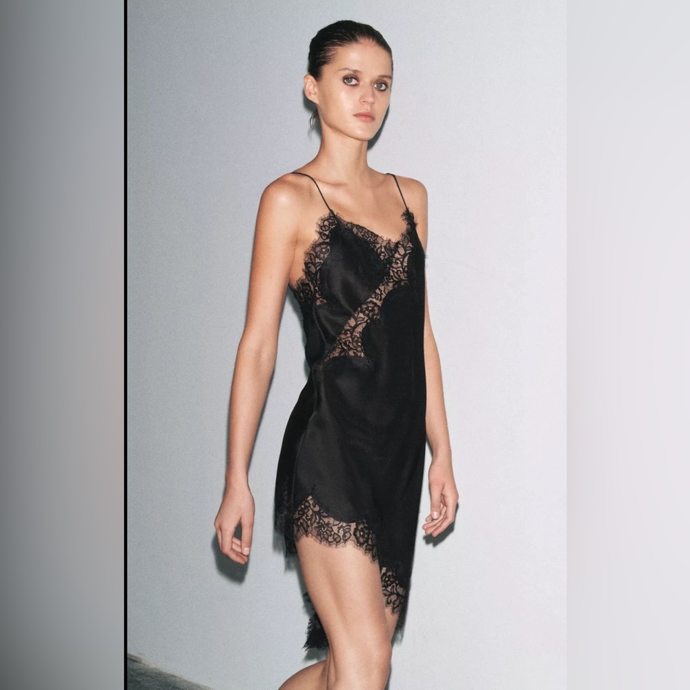 NWT ZARA ZW COLLECTION ASYMMETRIC LACE DRESS Black Lace XS